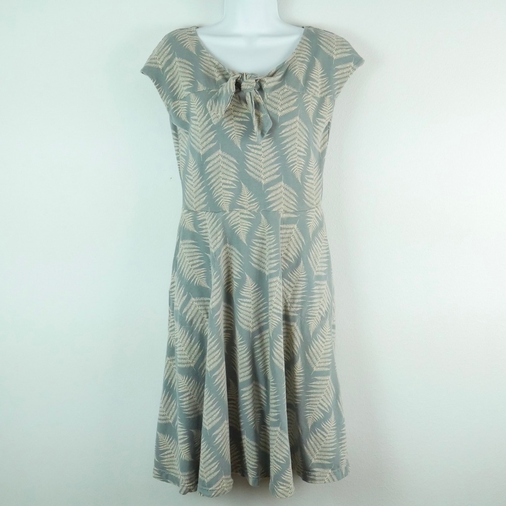 Effies Heart Fern Print Fit and Flare Dress Cotton Knit Pockets M Tie Neck Retro